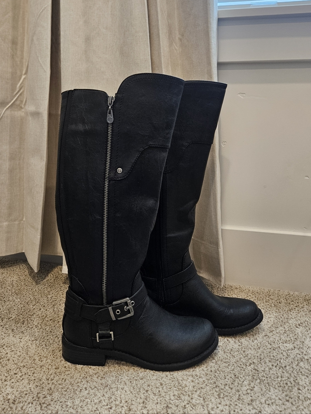 G BY Guess Tall Black Riding Boots with Side Zip & Buckle